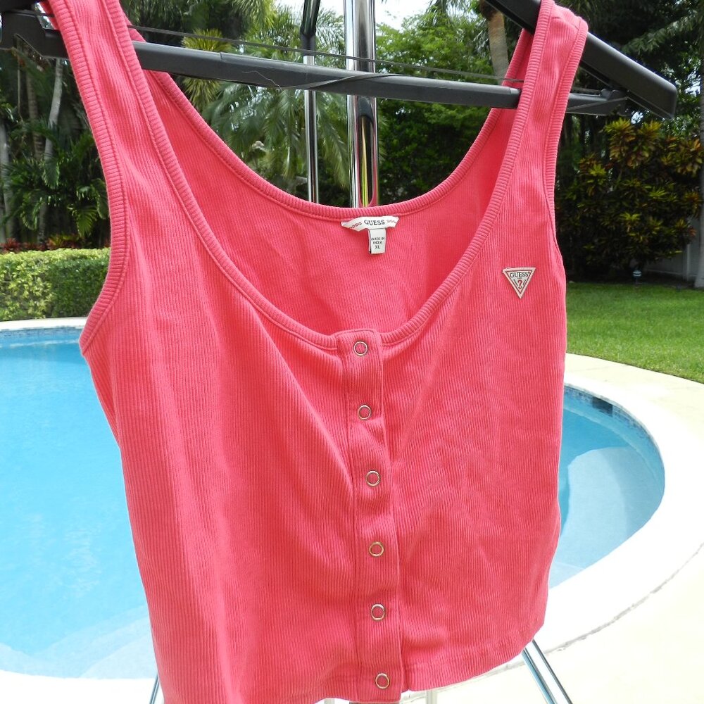 GUESS Pink Ribbed Button Front Crop Tank Top Size XL